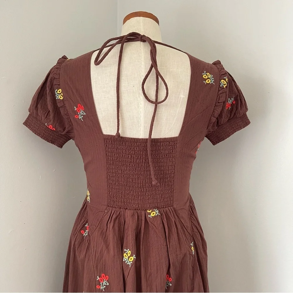 Prairie Core Free People Brown Maisie midi dress NWOT size Small embroidered